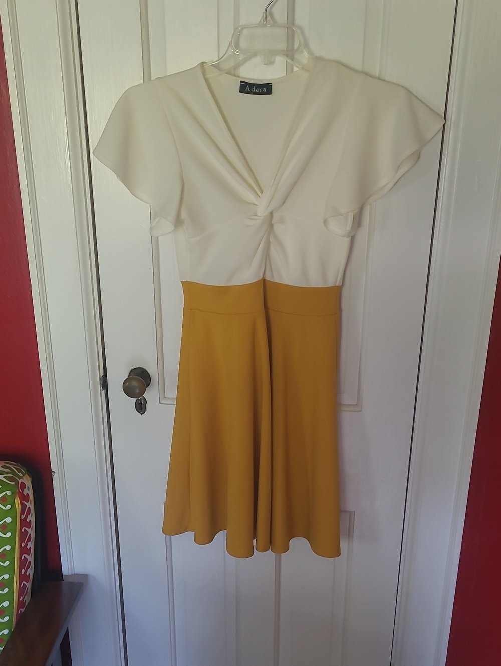 Adara Two-Tone White and Mustard Fit-and-Flare Dress With Small cut Out.